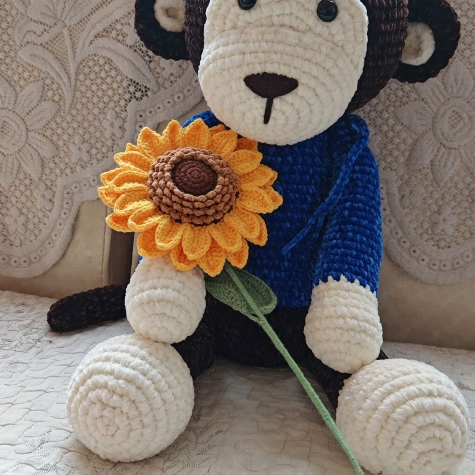 Large Handmade Crochet Monkey Plush | Big Mouth Monkey with Sweater - Image 5
