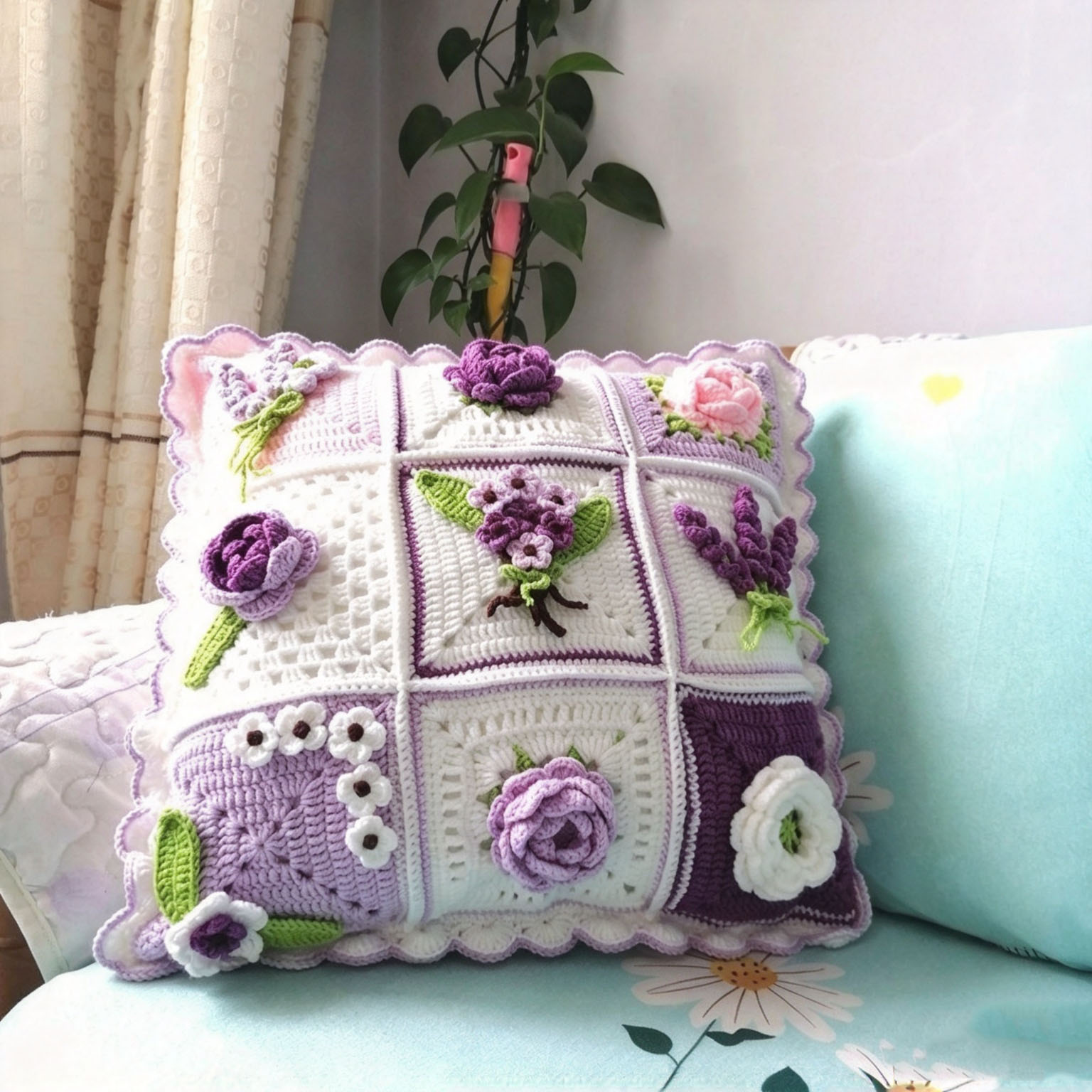 Handmade Crochet Floral Pillow with Insert - 18" Square - 7 Styles Available - Image 8
