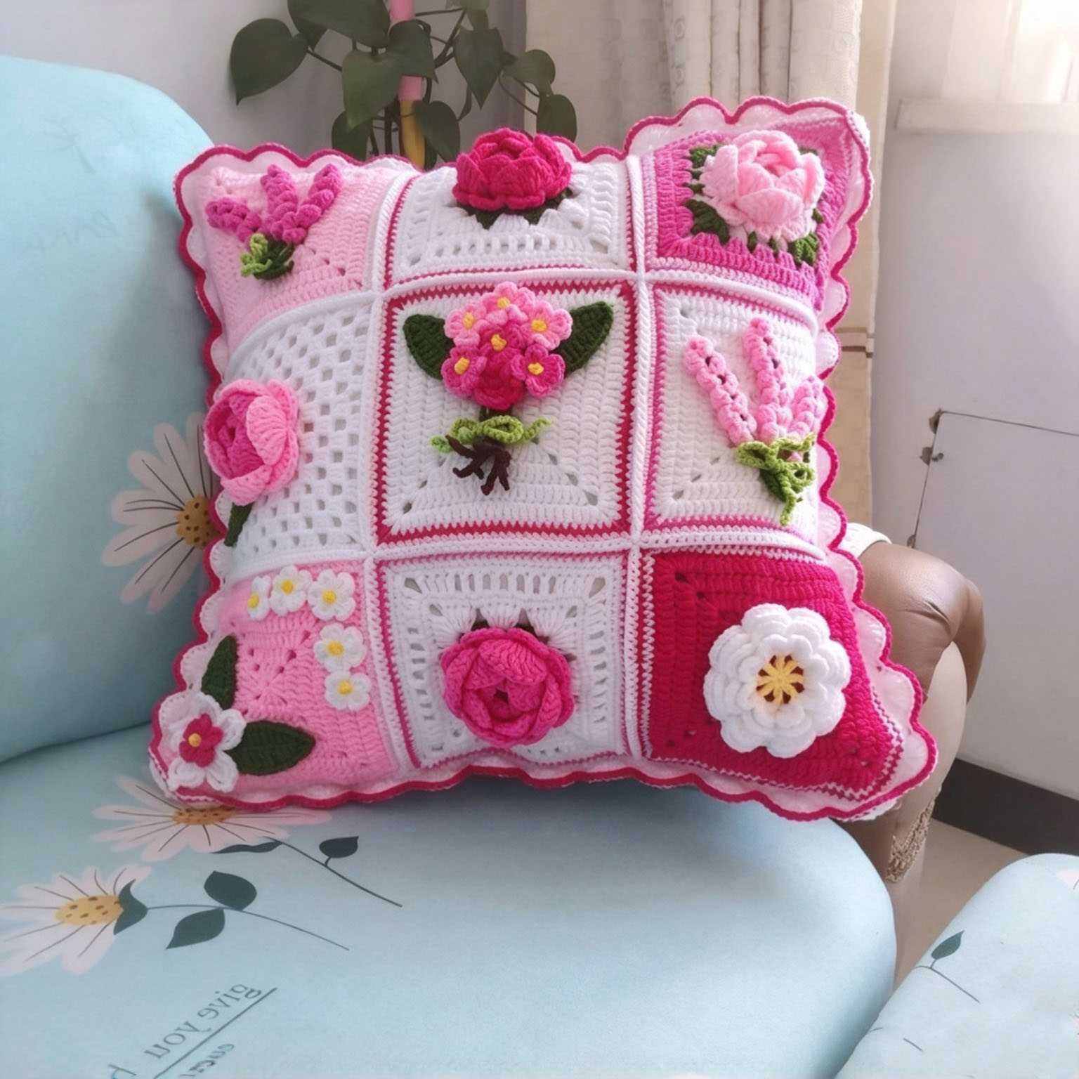 Handmade Crochet Floral Pillow with Insert - 18" Square - 7 Styles Available - Image 12