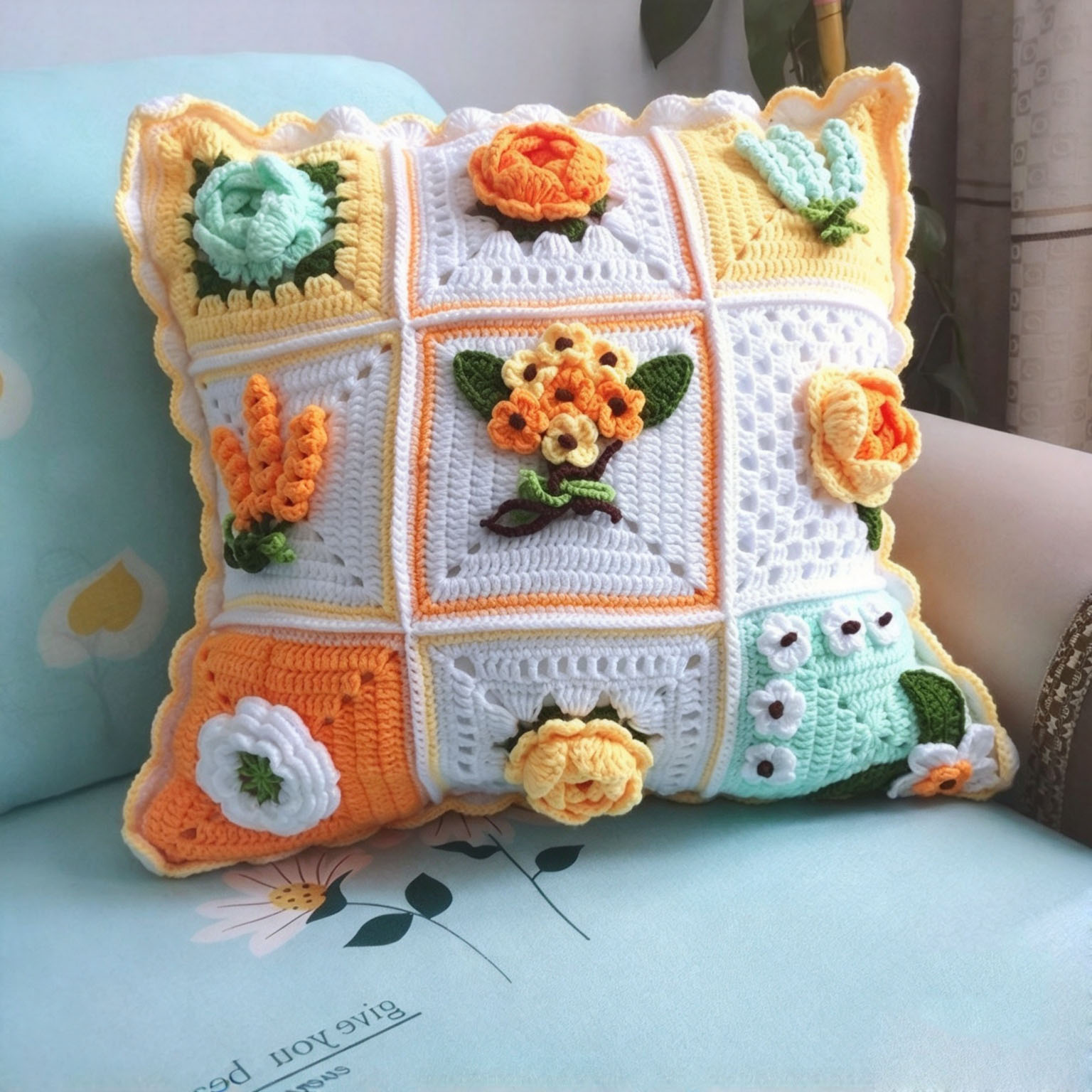 Handmade Crochet Floral Pillow with Insert - 18" Square - 7 Styles Available - Image 15
