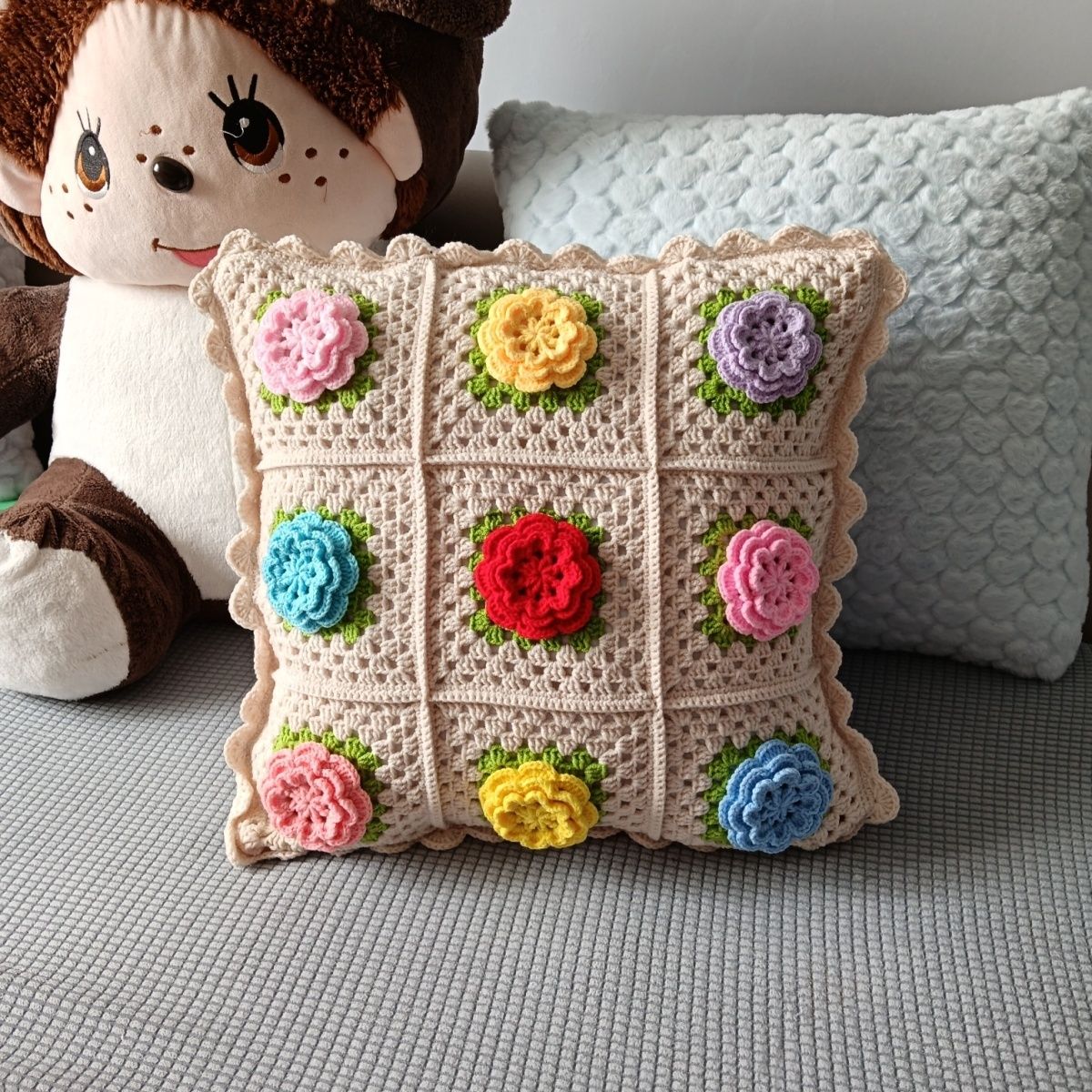 Handmade Crochet Floral Pillow with Insert - 18" Square - 7 Styles Available - Image 16