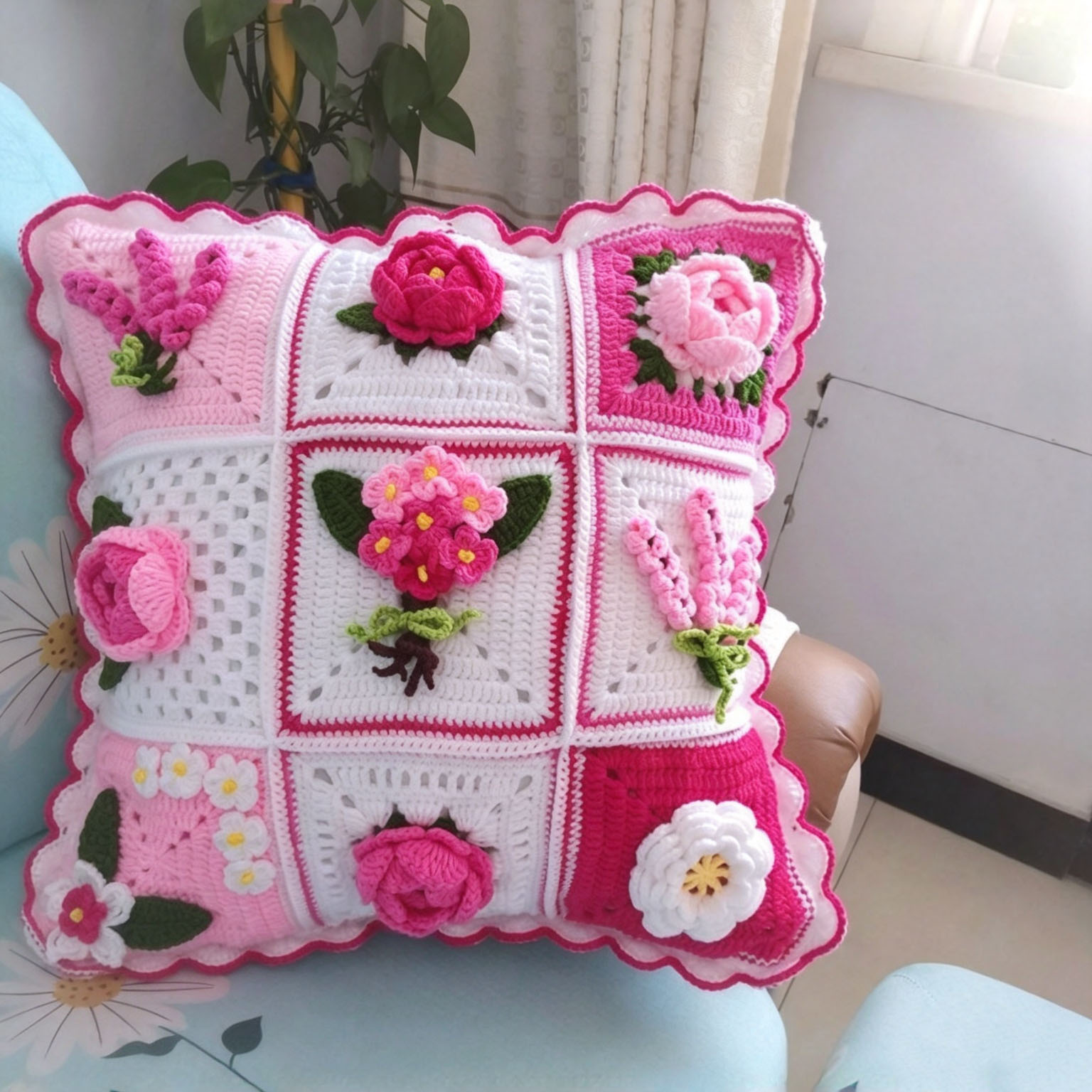 Handmade Crochet Floral Pillow with Insert - 18" Square - 7 Styles Available - Image 11