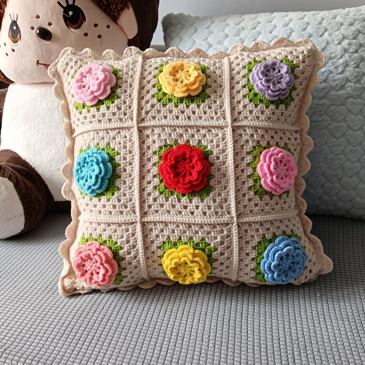 Handmade Crochet Floral Pillow with Insert - 18" Square - 7 Styles Available - Image 17