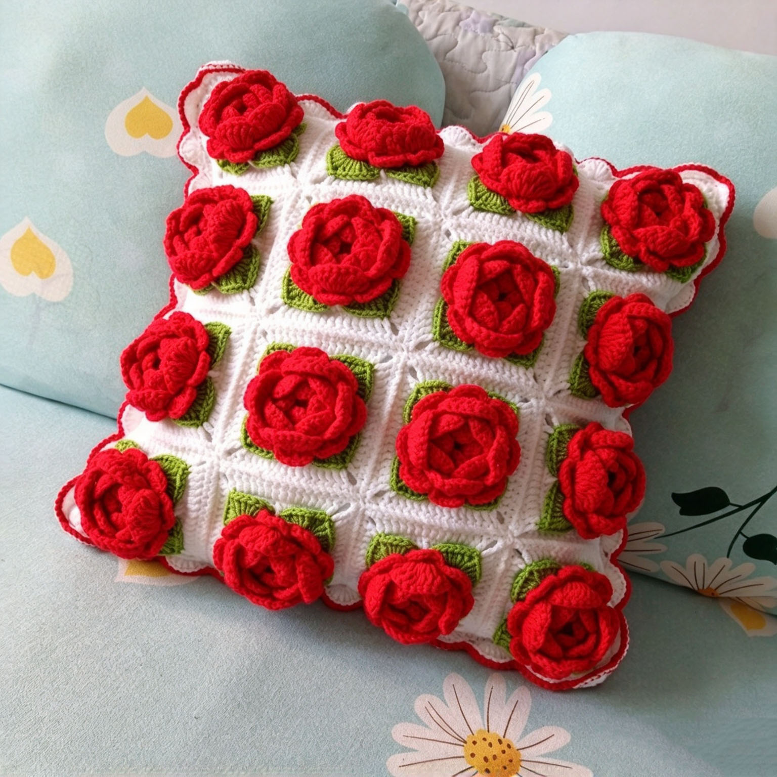 Handmade Crochet Floral Pillow with Insert - 18" Square - 7 Styles Available - Image 2