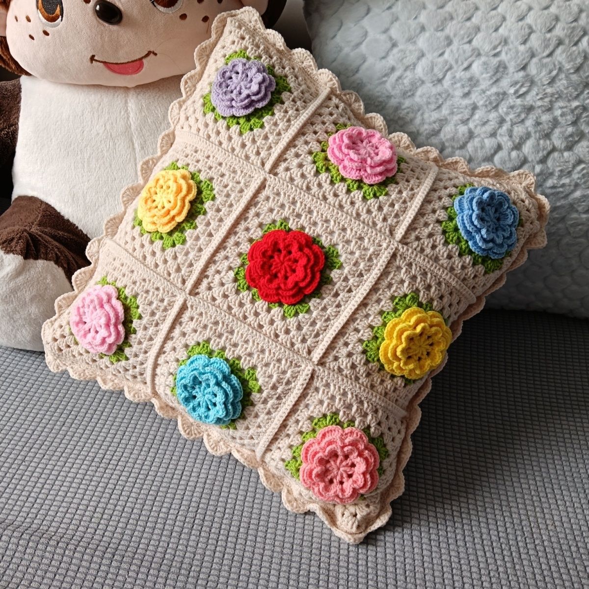 Handmade Crochet Floral Pillow with Insert - 18" Square - 7 Styles Available - Image 18