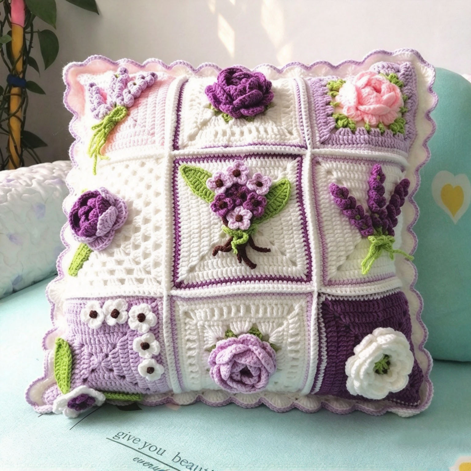 Handmade Crochet Floral Pillow with Insert - 18" Square - 7 Styles Available - Image 9