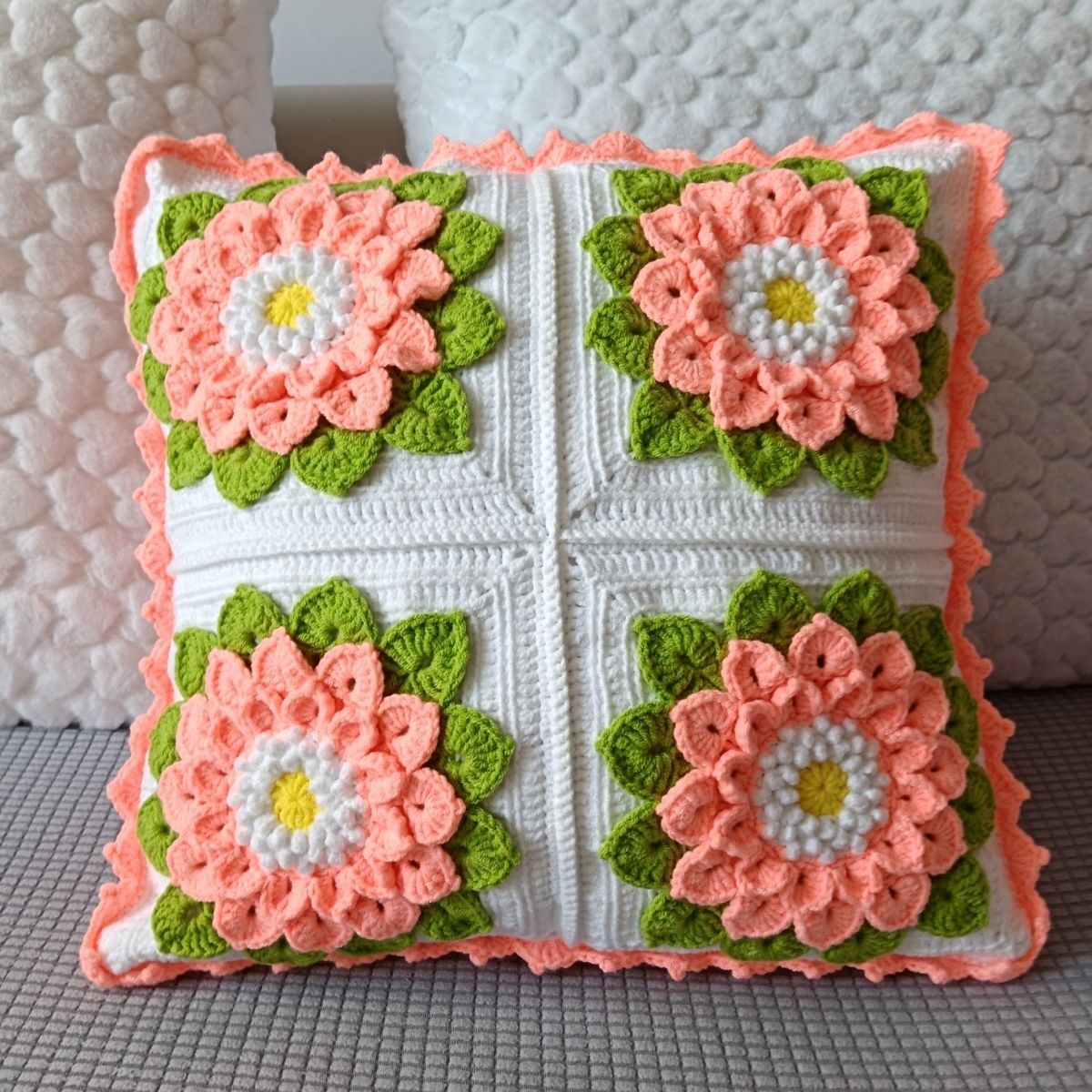 Handmade Crochet Floral Pillow with Insert - 18" Square - 7 Styles Available - Image 5
