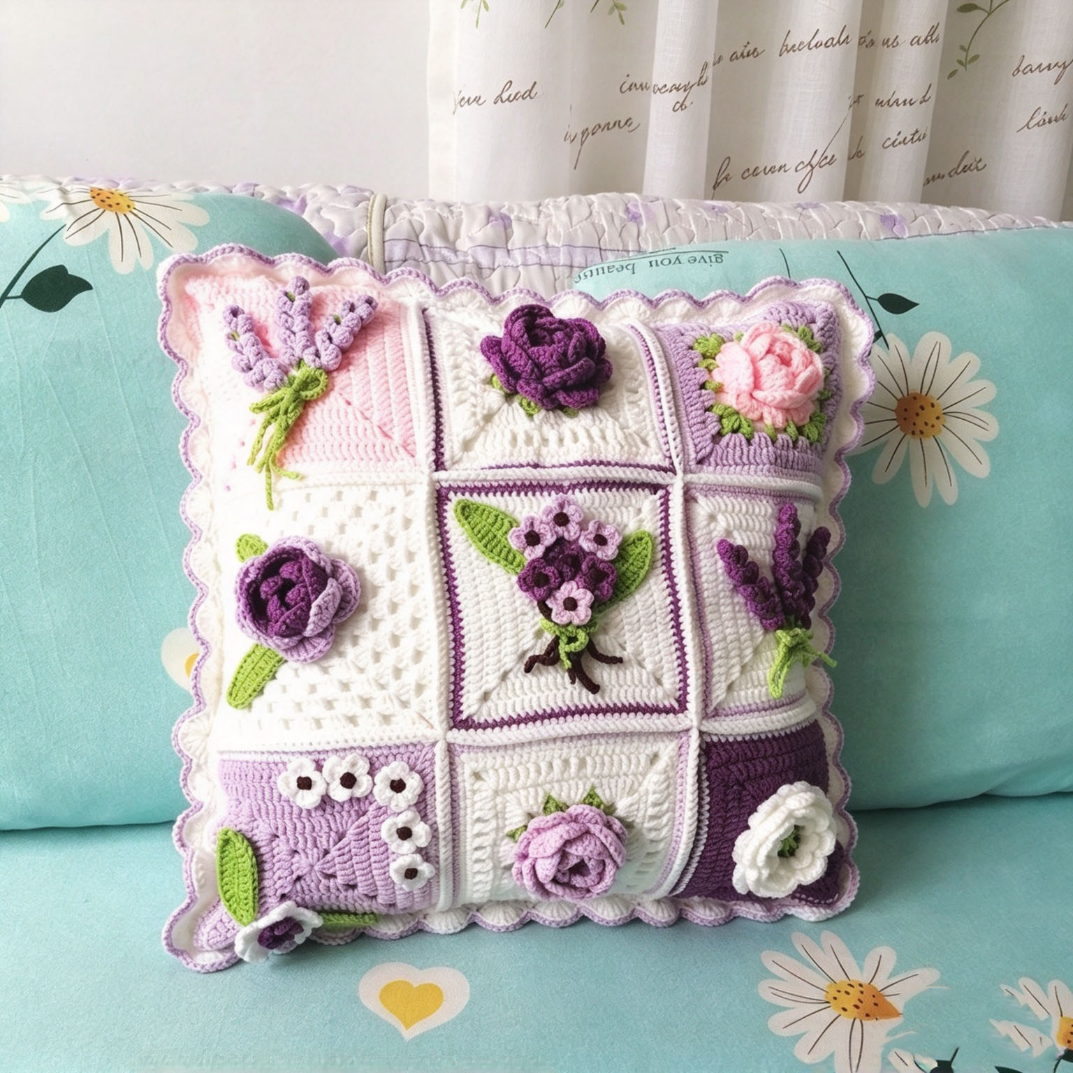 Handmade Crochet Floral Pillow with Insert - 18" Square - 7 Styles Available - Image 10