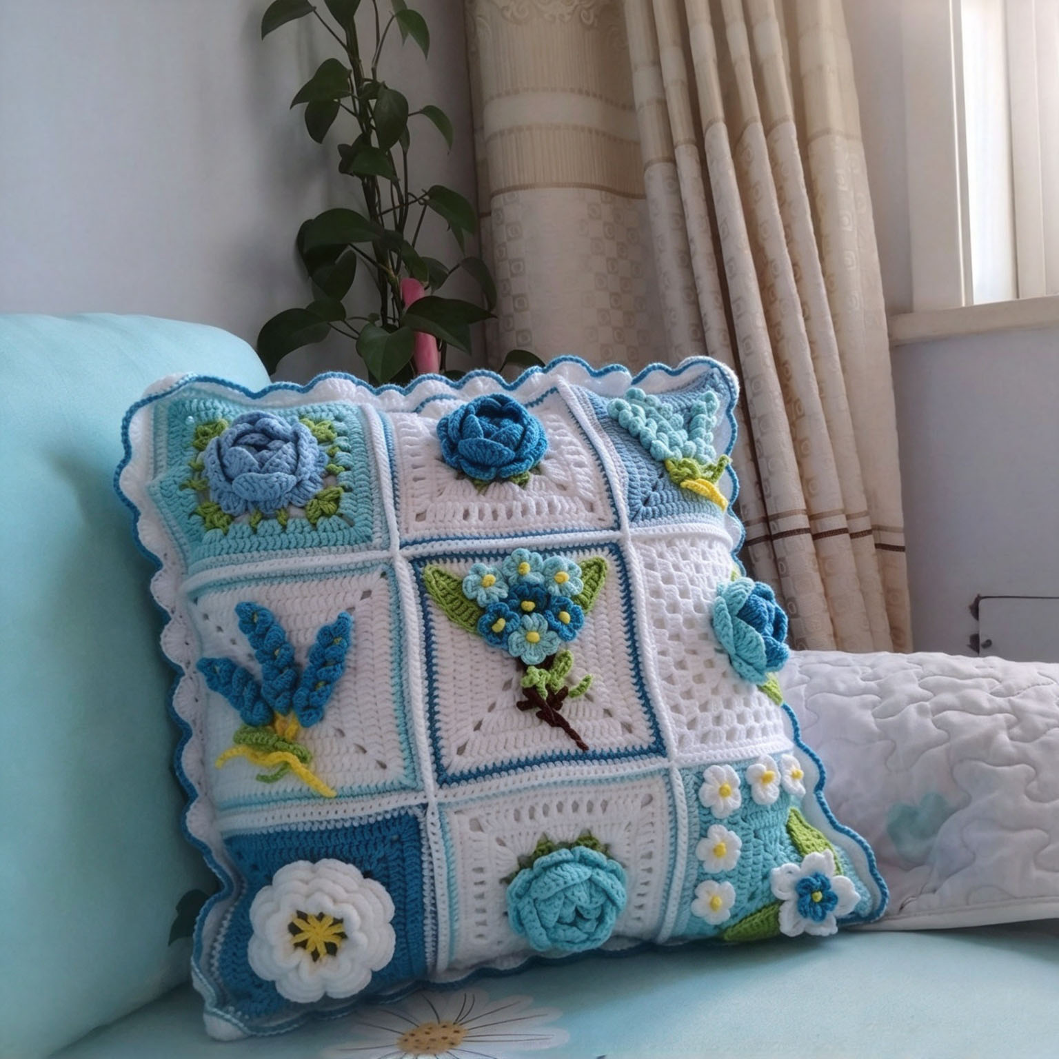 Handmade Crochet Floral Pillow with Insert - 18" Square - 7 Styles Available - Image 14