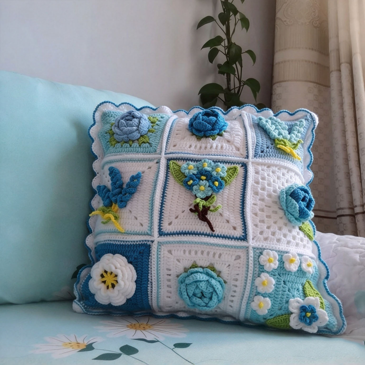 Handmade Crochet Floral Pillow with Insert - 18" Square - 7 Styles Available - Image 13