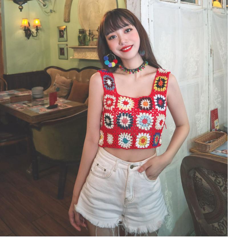 Handmade Crochet Floral Tank Top | Retro Granny Square Crop Top - Image 3